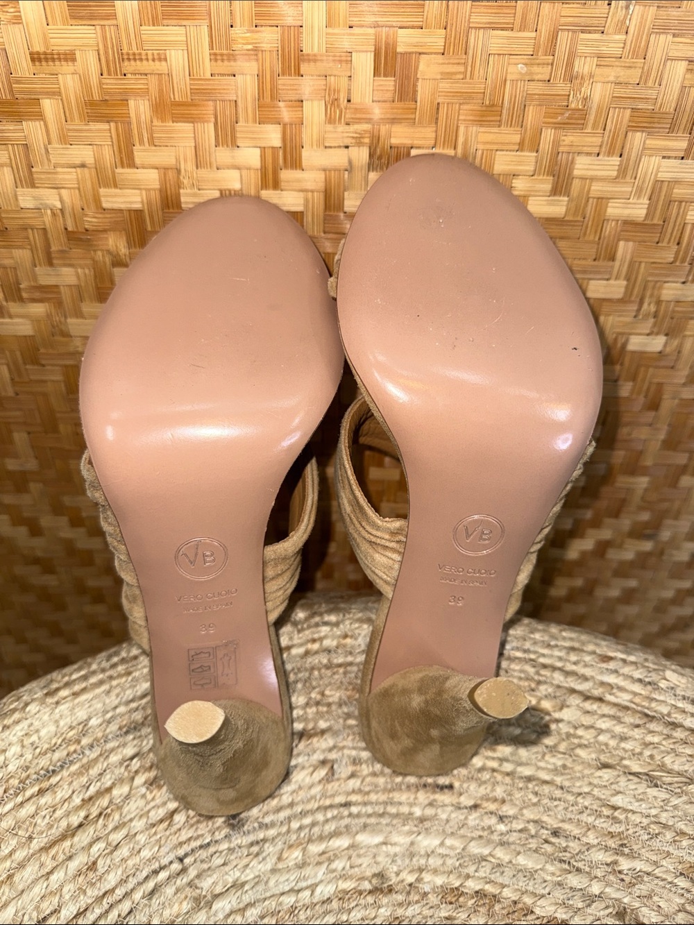 Veronica Beard Suede Tan Ruched Strap High Heel Sandals - Picture 7 of 9